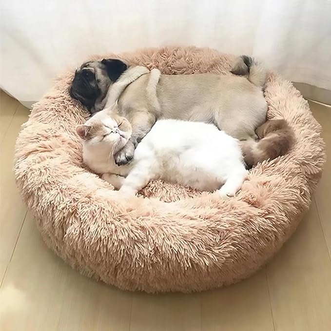 Calming Dog Bed for Small Dogs, Calming Donut Cuddler Pet Bed Anti Anxiety Round Dog Bed Fluffy Plush Faux Fur Cat Bed,Pink,23.6IN