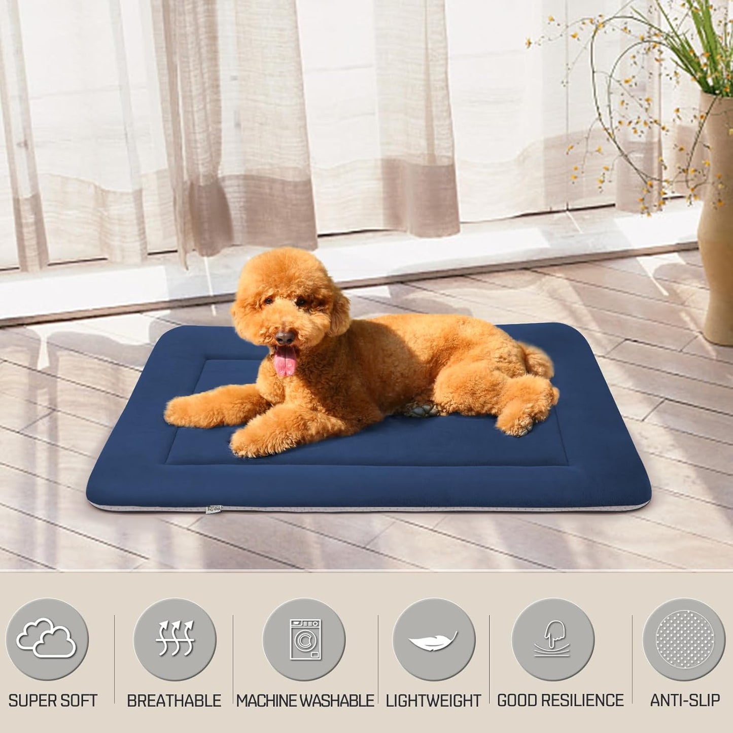 Magic Dog Bed - Soft Crate Pad Mat for Medium/Large Dogs, 36 Inch Machine Washable Kennel Pad with Non-Slip Bottom, Dark Blue