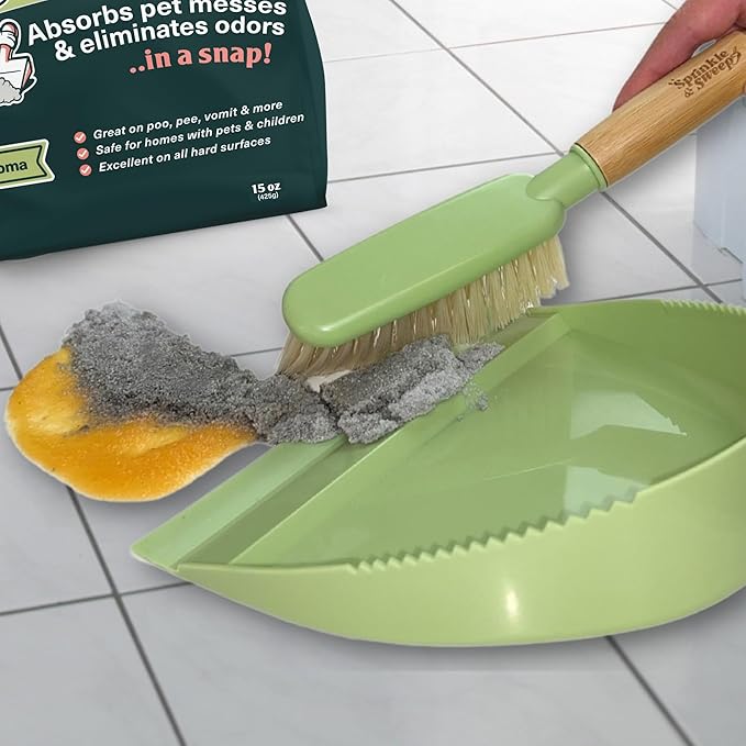Sprinkle & Sweep Pet Accident Cleanup for all Hard Surface - Non Toxic Quick Pet Mess Cleaner & Odor Remover for Urine, Poop, Vomit, Diarrhea & Potty Training (1Bag + Sweepr Kit + 1 Spray)