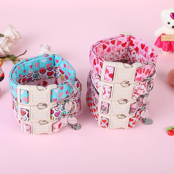 DOGWONG Valentine's Dog Collar - Blue Heart Adjustable Cotton Heart Dog Collar - Perfect for Extra Small, Small, Medium, Large Dogs
