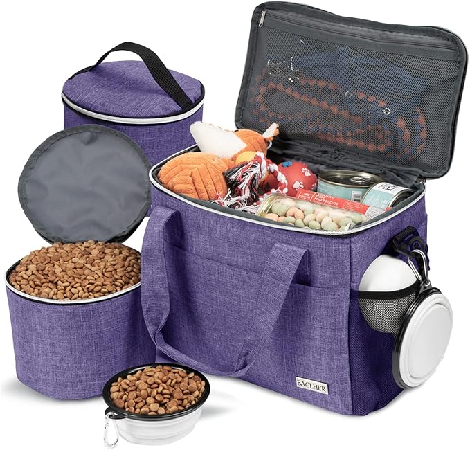 BAGLHER Dog Travel Bag Backpack Pet Supplies Backpack 5-Piece Set with Shoulder Strap 2 Lined Pet Food Containers 4 Foldable Feeding Bowls Essential Kit for Pet Travel