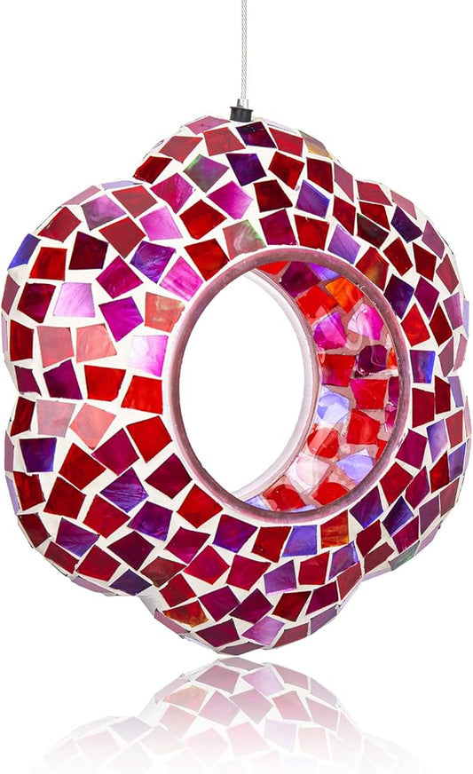 Yinns 9 inch Large Mosaic Bird Feeder, Fly Through Glass Bird Feeder, Hanging Bird Feeder with Oval Stained Glass for Outdoor Garden Decor