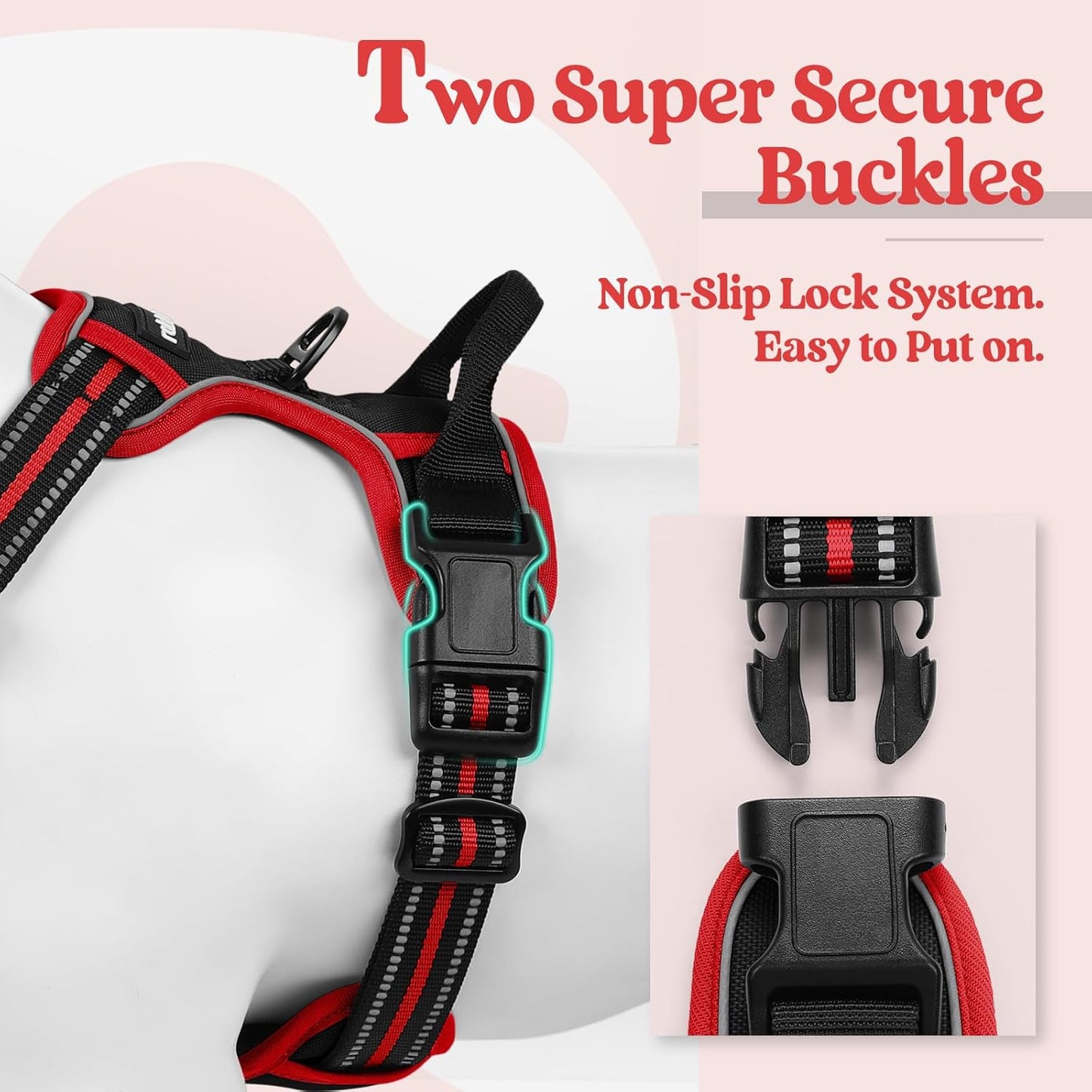rabbitgoo Dog Harness No Pull with 2 Leash Clips, Adjustable Soft Padded, Reflective Oxford No Choke Pet Vest with Easy Control Handle for Large Dogs, Black & Red, L