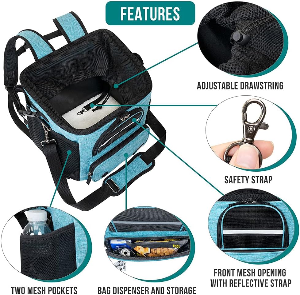 PetAmi Dog Bike Basket, Soft-Sided Ventilated Dog Bike Carrier Backpack, Pet Bicycle Basket for Bike Handlebar, Small Medium Puppy Cat Kitten Car Booster Seat with Safety Strap, Max 18 lbs, Blue