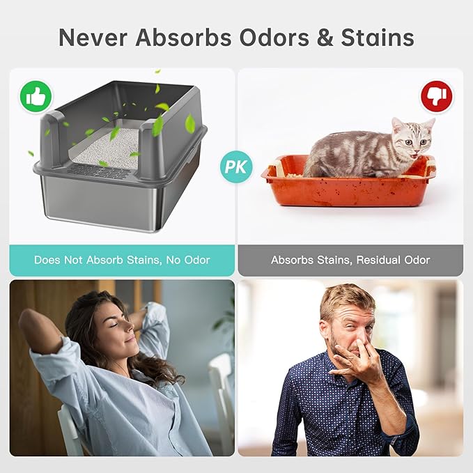Enclosed Stainless Steel Cat Litter Box with Lid, XL Extra Large Litter Box for Big Cats, Metal Litter Pan High Sided, Never Absorbs Odors, Anti-Urine Leakage, Easy Cleaning, Include Scoop