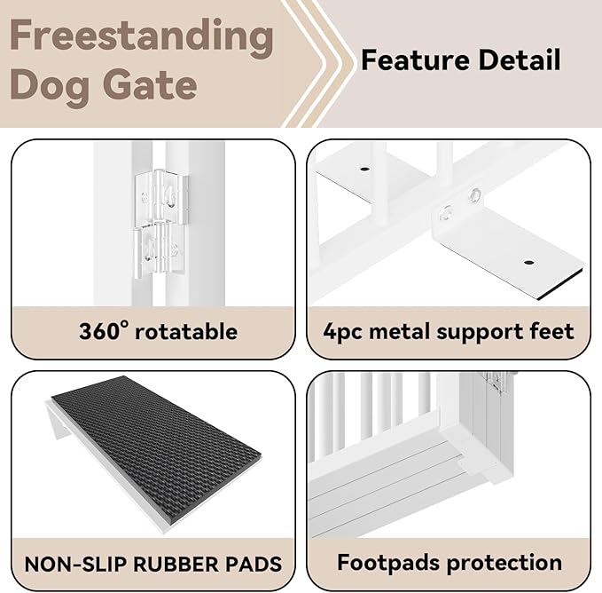 Full Metal Freestanding Dog Gate with Door, 32''Height Foldable Pet Dog Fence for Indoor & Outdoor, 4 Panels Extra Wide Free Standing TallDog Gates for Doorways,House,Stairs,Porch,Deck,Yard