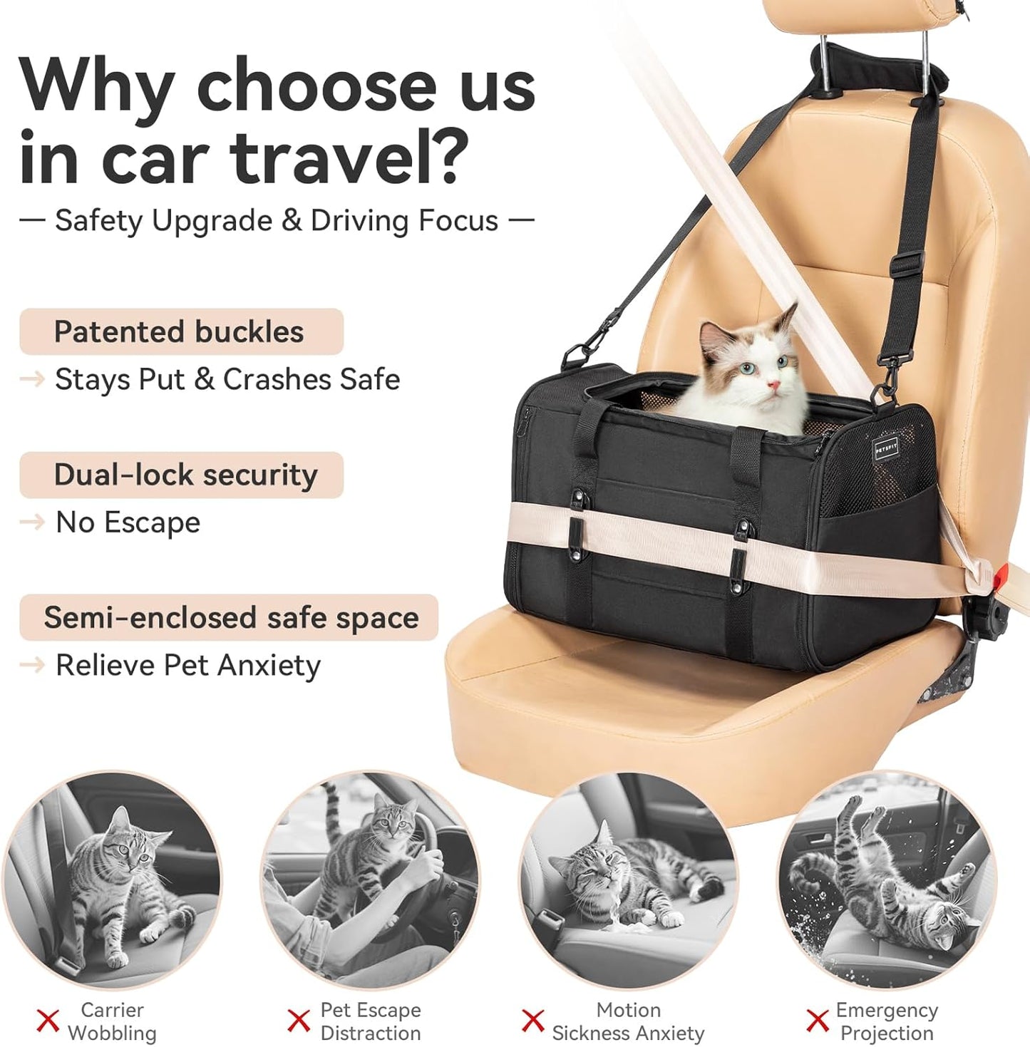 PETSFIT Soft-Sided Cat Carriers & Car Seats with Patent Safe Buckles, Clip-On Harness, 18"x11"x11" Airline Approved Pet Carrier - 9 lbs Capacity (Black)
