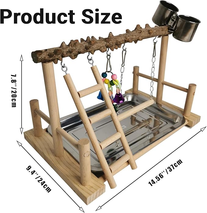 Hamiledyi Parrot Playground Bird Playstand Wood Exercise Play Perch Exercise Gym with Feeder Cups Toys Cockatiel with Ladder Hanging Swing for Pet Conure Lovebirds Life Activity Center Training Stand
