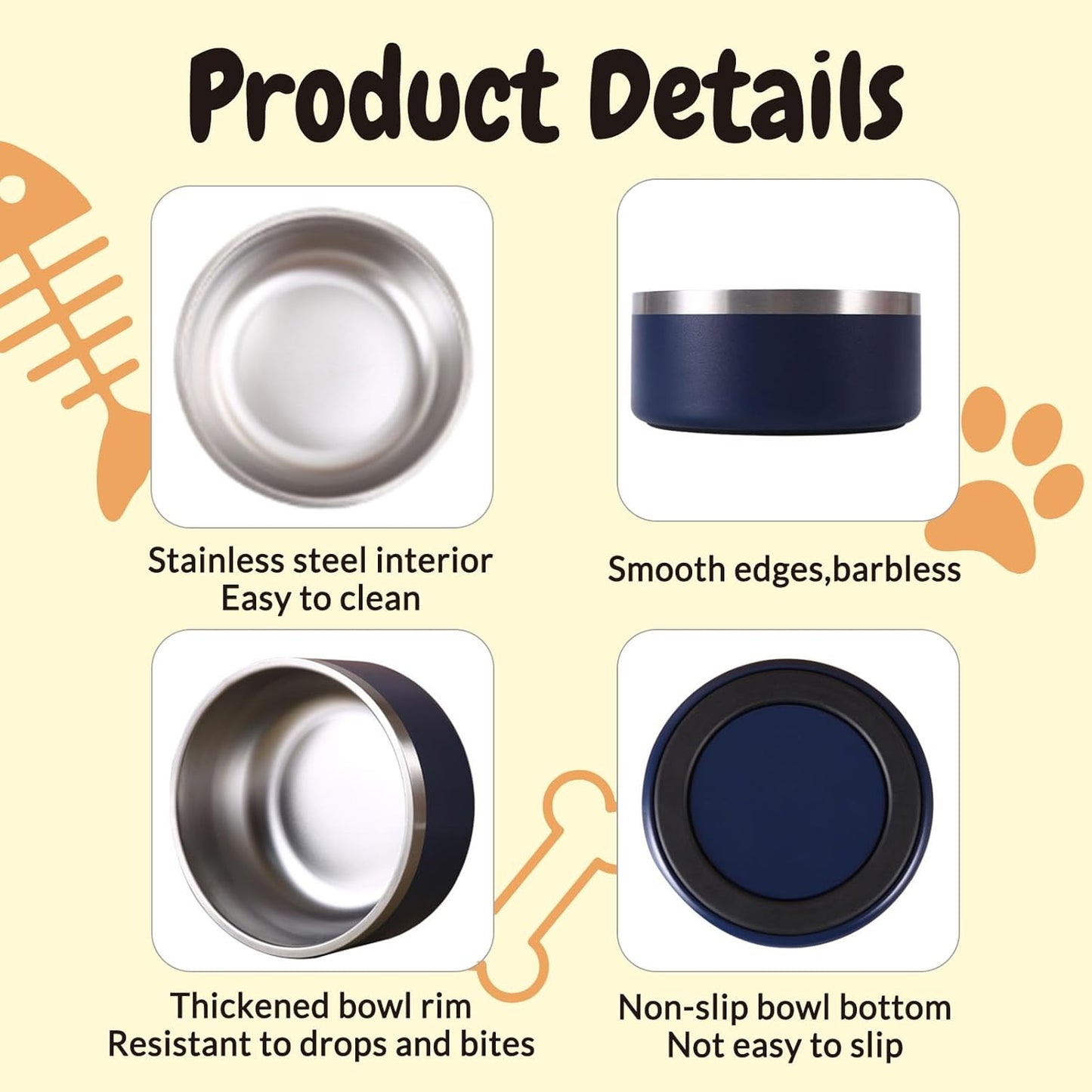 42OZ Personalized Dog Bowl Laser Engraved Custom Pet Name 18/32/42/64 oz No Slip Stainless Steel Insulated Bite-Resistant Food Water Dishes-Light Blue