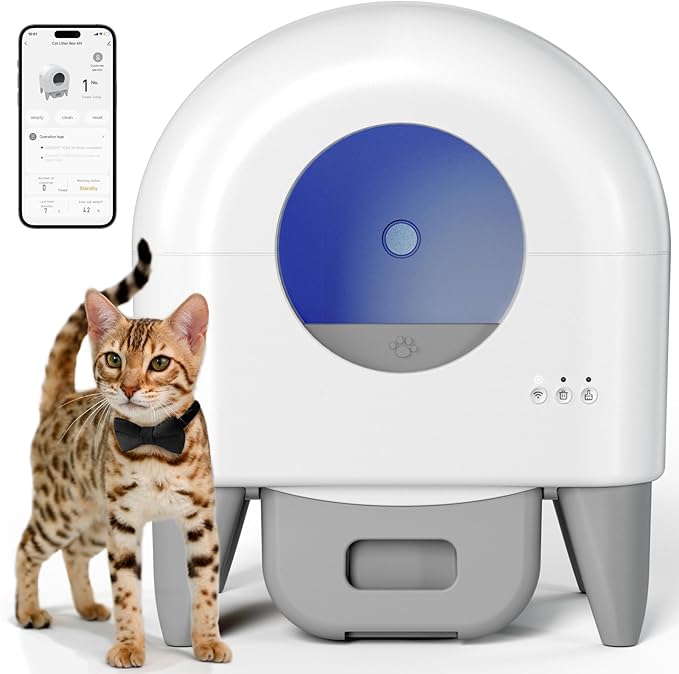 Self Cleaning Litter Box,95L Automatic Cat Litter Box Self Cleaning Large Capacity for Multiple Cats, App-Controlled with Safety Sensors, Removable Washable Liner,2 Rolls Garbage Bags,Grey