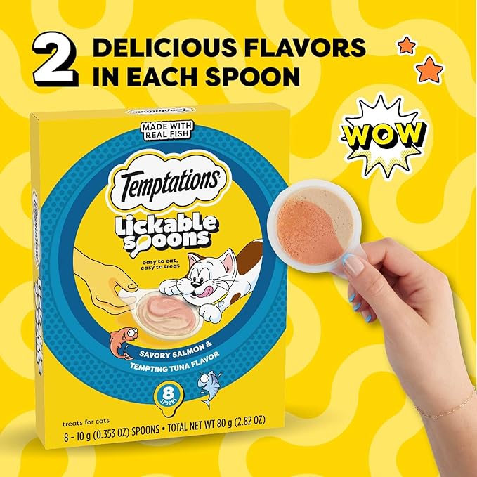 Temptations Lickable Spoons Adult Wet Cat Treat, Savory Salmon and Tempting Tuna Flavor, 8 Spoons, Pack of 12 (96 Total)