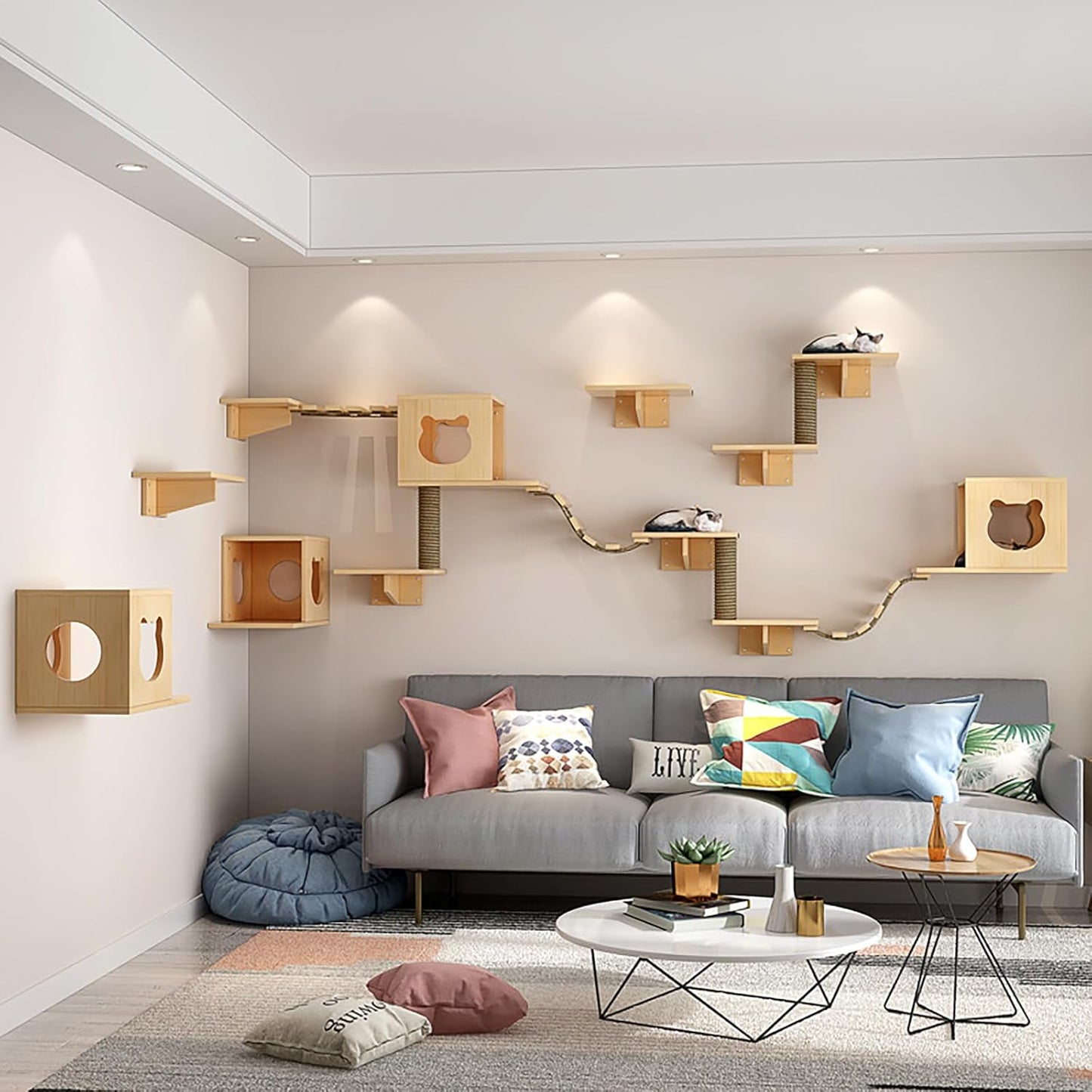 Cat Wall Shelves and Furniture Set with Condos, Perches, Bridge Ladders, Sisal Scratching Posts - Steps and Houses for Cats (B)