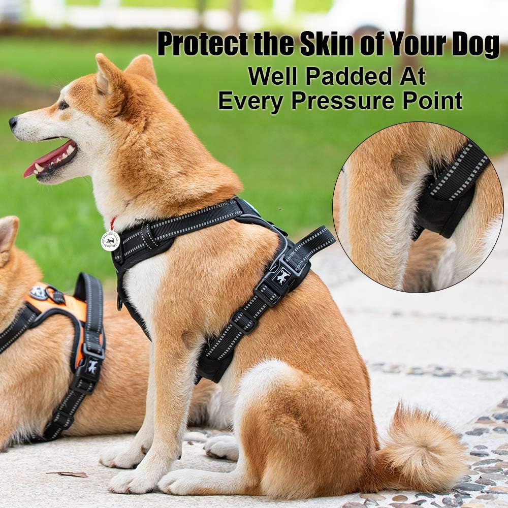 PoyPet No Pull Dog Harness, Reflective Comfortable Vest Harness with Front & Back 2 Leash Attachments and Easy Control Handle Adjustable Soft Padded Pet Vest for Small to Large Dogs (Black,M)