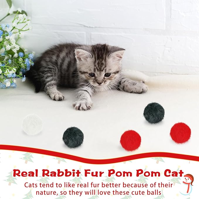 LEIFIDE 12 Pieces Real Rabbit Fur Pom Pom Kitty Cat Toy Fluffy Cat Balls Soft Fuzzy Balls for Kitty Pets Kitten Chase Quiet Play, 3 Inches in Diameter(Red,White,Green)