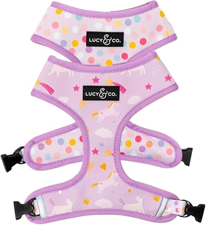 Lucy & Co. Cute Reversible Dog Harness Walking Halter - Best Designer Pet Harnesses for XS - XL Dogs - Padded Adjustable Vest for Easy Walking (Medium, Unicorn Magic - Purple & Pink Unicorns)