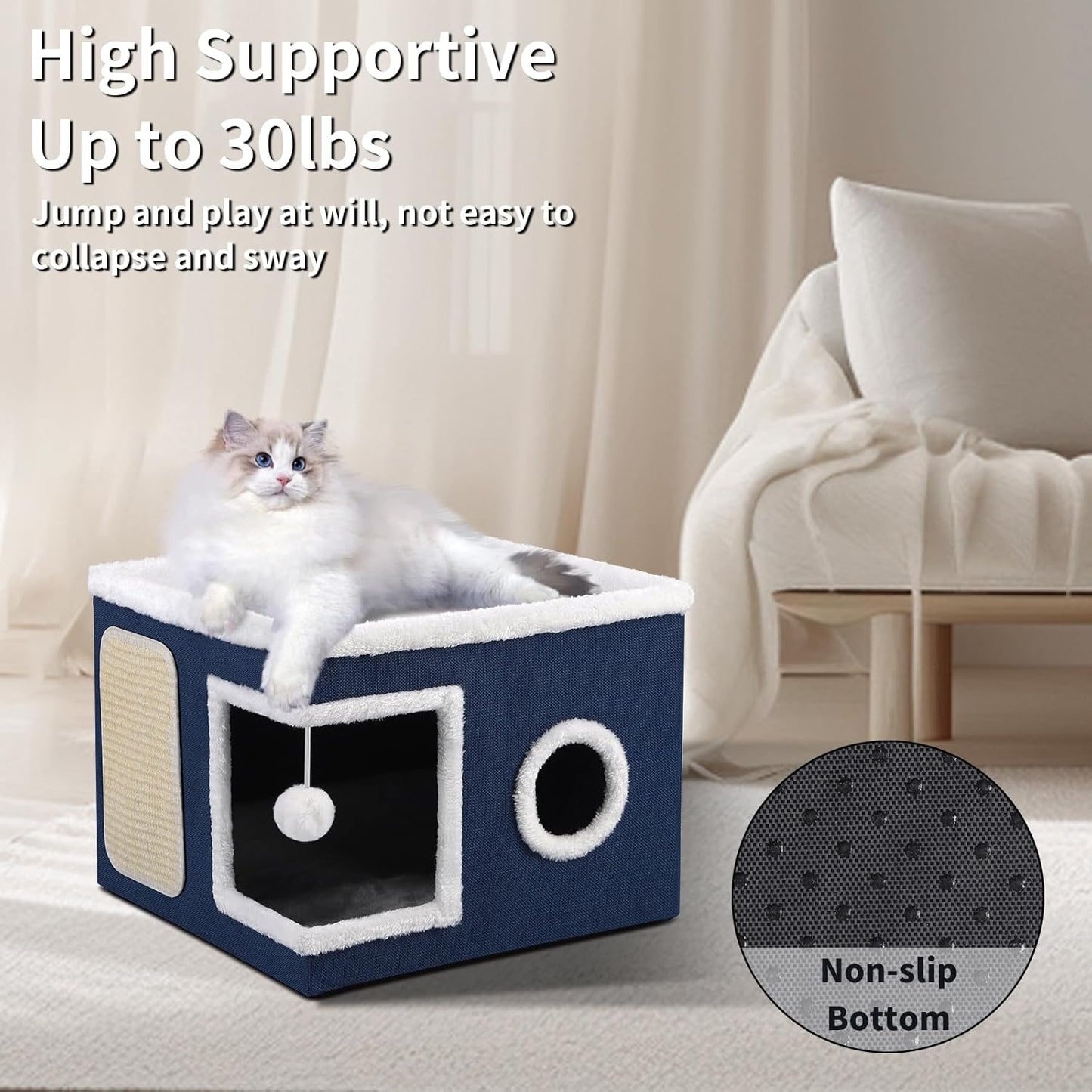 Cat House Bed for Indoor Cats, Large Cat Cave with Cozy Condo, Fluffy Hanging Ball, Scratch Pad, Hide-and-Seek, Foldable Indoor Cat House Hideaway with Double-Sided Soft Cushions for All Seasons, Blue