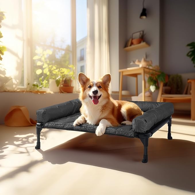 Veehoo Cooling Elevated Dog Bed Add Removable Waterproof Bolster Cushion Mat, Raised Pet Cot with Breathable Teslin Mesh, No-Slip Feet, Dog Sofa Bed for Indoor Outdoor, Medium, Black CWC2331B