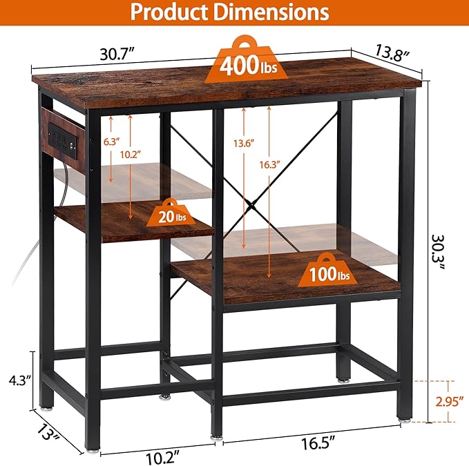 ZENY 20-29-37 Gallon Fish Tank Stand with 3-Tier Adjustable Storage Shelves and Power Outlet, Reptile Tank Stand, 30.7" L*13.7" W Tabletop, 400LBS Capacity