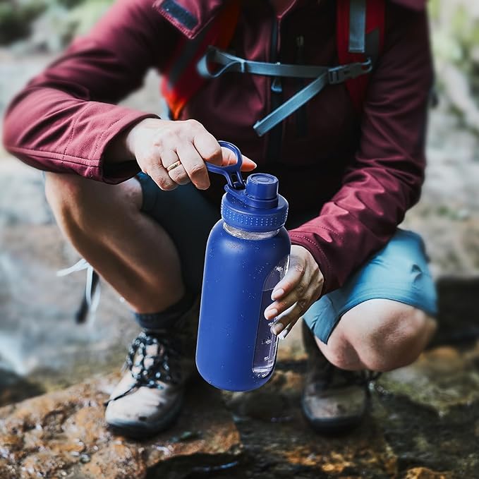 64 oz Glass Water Bottle With Straw and Handle, Half Gallon Sports Motivational Water Jug Flask with Silicone Sleeve, Large Water Cup with Time Marker for Travel, Gym, Beige
