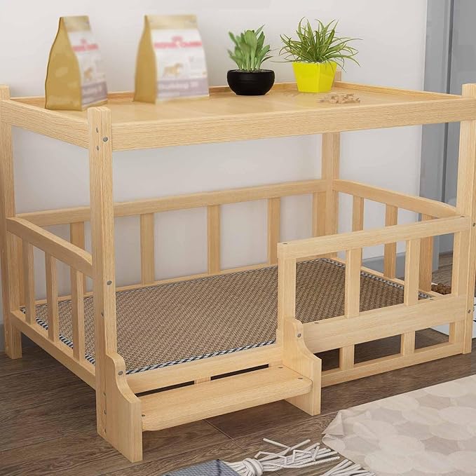 XPLKQXE Dog Bed Wood Platform, Elevated Pet Cushion Bed, Animal Couch with Mattress, Dog Beds & Furniture Rest Cot, Portable Fence Bed Pet Up to 45kg/100lbs(Color:Pink,Size:75x50x65cm)