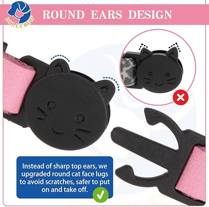 Leather Personalized Breakaway Cat Collar with Studded Bell and Safety Quick Release Buckle - Rivets Studded ID DIY Collars for Boy Girl Cats Kittens, 9" - 11.5" Pink