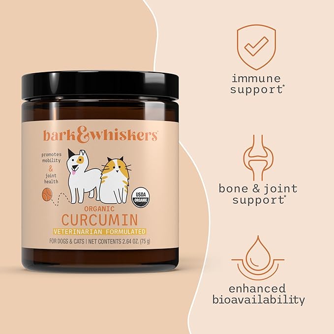 Bark & Whiskers Organic Curcumin, 2.64 Oz. (75 g), 300 Scoops, Promotes Mobility & Joint Health, Veterinarian Formulated, Non-GMO, Certified USDA Organic, Dr. Mercola