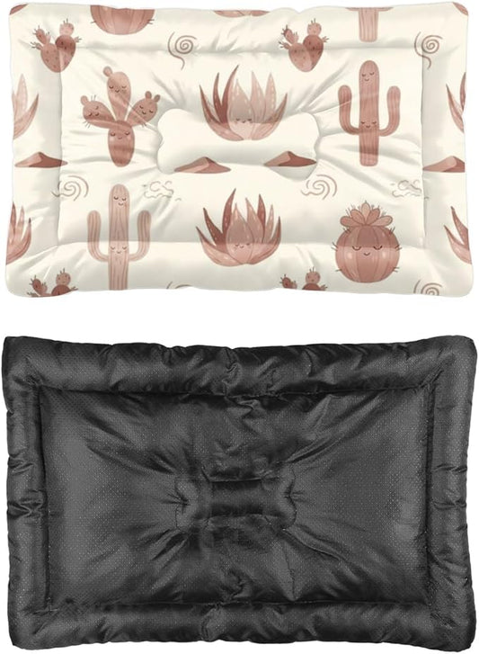 Beige Brown Cute Cactus Dog Beds and Furniture Dog Bed Mat Bed Pads Washable Beds for Crates Washable Non-Slip Crate Small Size Mat and Furniture Indoor Outdoor 36X24 Inch