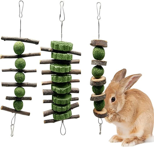BallHull 3 Pcs Bunny Teeth Grinding Chew Toys, Apple Branch Chewing Sticks with Grass Ball and Grass Cake for Rabbits Bunnies Hamsters Guinea Pigs