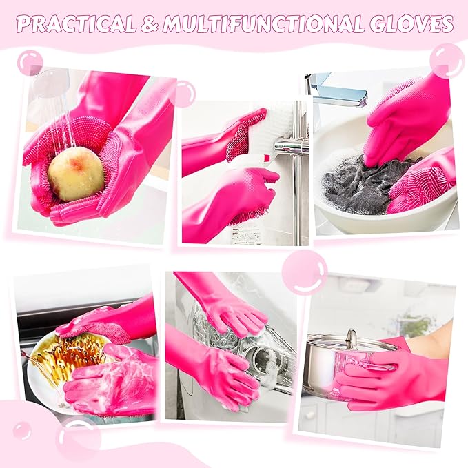 Pecute Pet Grooming Gloves - Heat Resistant Silicone Gloves with High-Density Teeth and Enhanced Five Finger Design for Bathing and Massaging Dogs and Cats (Pink)