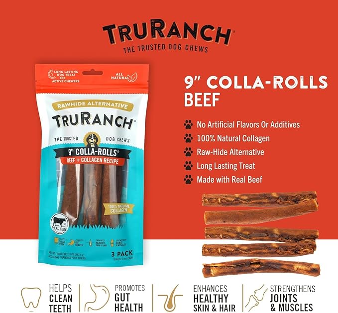 Collagen Rolls - 9" Collagen Rolls for Dogs - Long Lasting Healthy Joint Support Dog Treat - Rawhide Alternative - Skin & Coat Health - Made with Real Beef, 1 Bag, 3 Count
