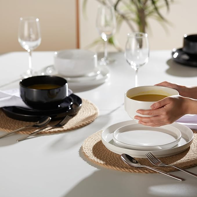 Ceramic Dinnerware Set, 12-Piece Service for 4, Soup Bowls (31.5 oz), Salad Plates (7.5"), Dinner Plates (10.5"), Round, Microwave and Dishwasher Safe, White, Cambridge Classics