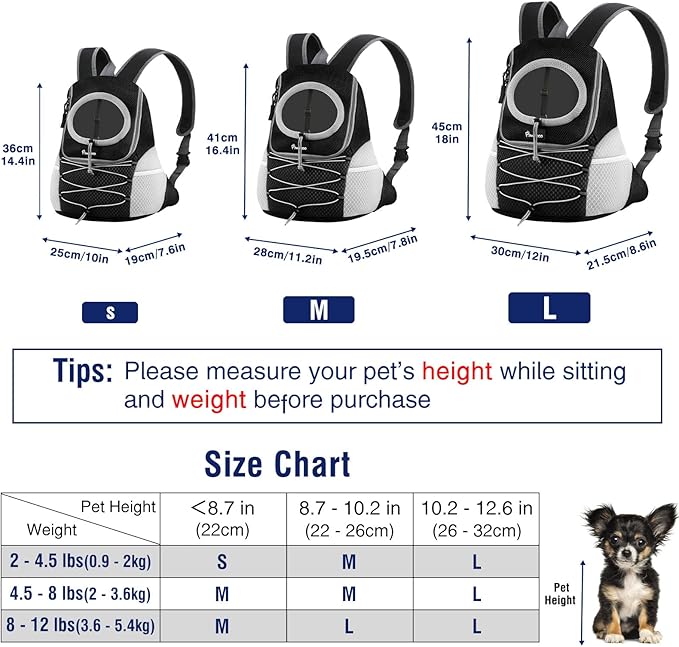 Pawaboo Pet Dog Carrier Backpack, Puppy Dog Travel Front Carrier for Small Medium Dogs Cats, Adjustable Breathable Dog Carrying Backpack with Safety Strips for Hiking, Walking (Black M Up to 10 lbs)