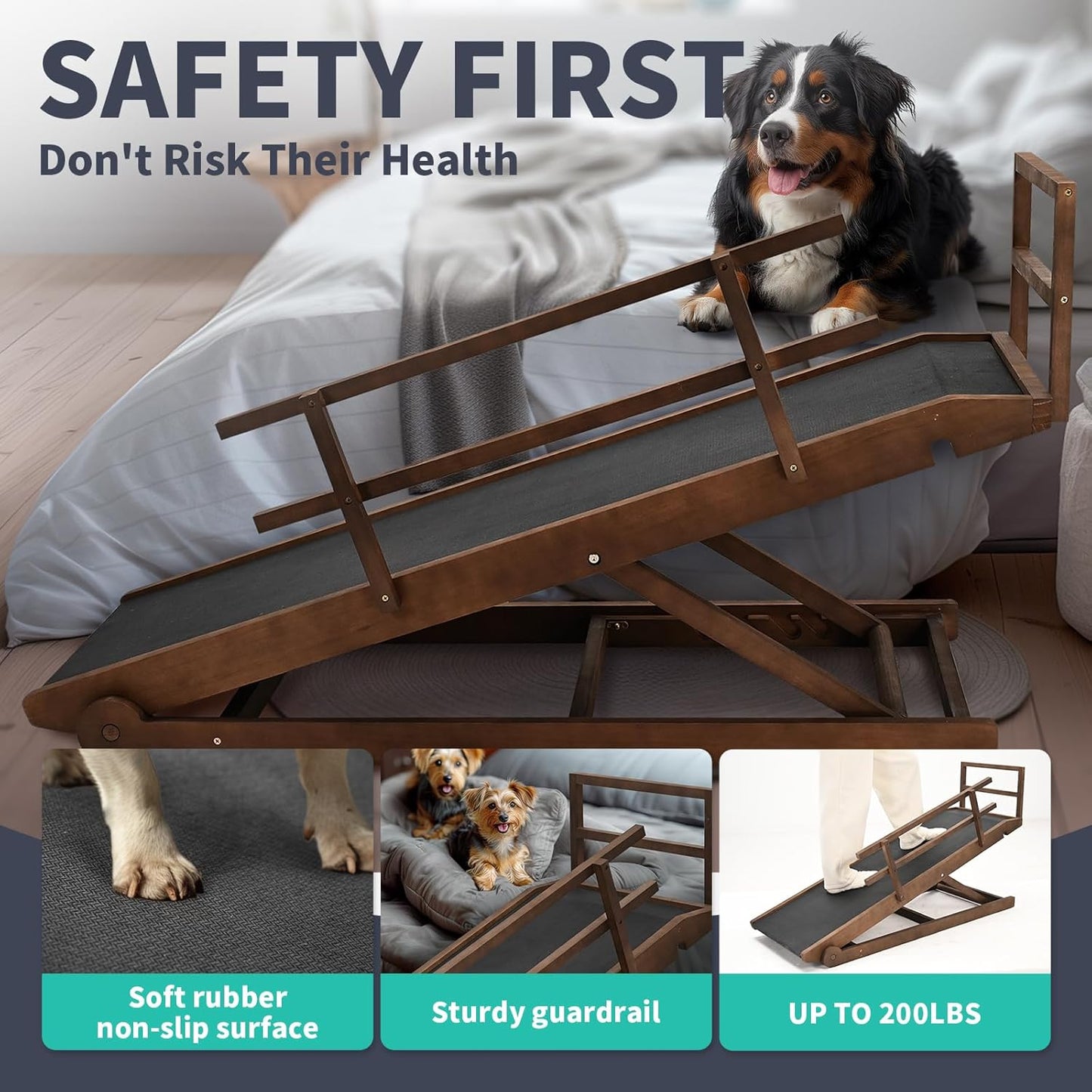 Dog Ramp, 5 Level Adjustable Height Folding Pet Ramp for High Bed, Portable Paw Ramps Large Bed Ramp for Medium & Large Old Dogs & Cats - Natural Wood Furniture Quality