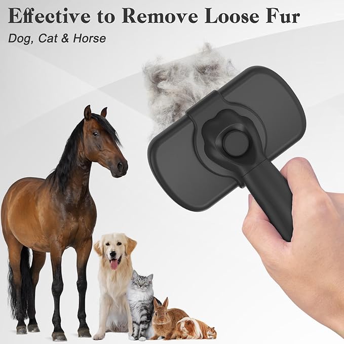 Self Cleaning Shedding Brush - Skin Friendly Grooming Tool for Dogs, Cats, and Puppies, Deshedding and Hair Removal for Long and Short Haired Pets, Black