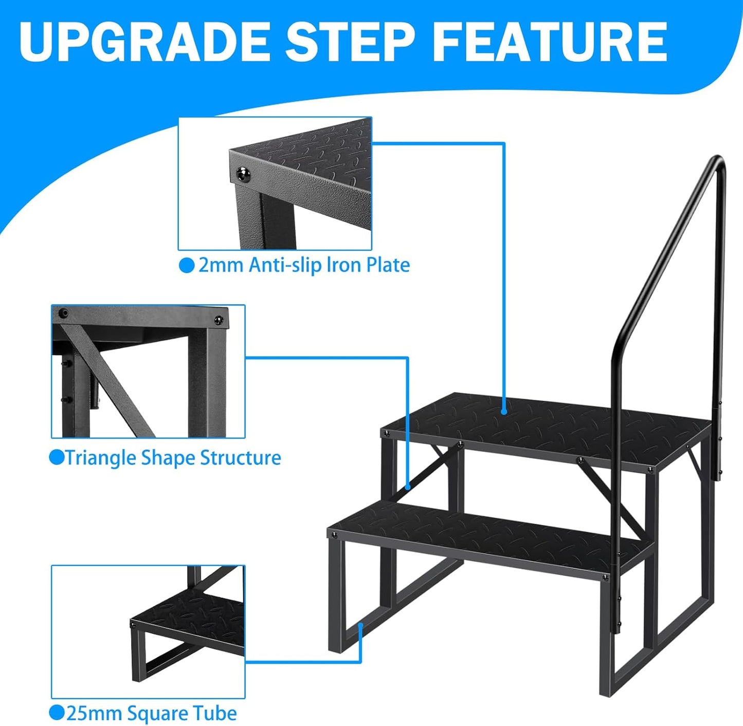 RV Step Stool, 2 Step Ladder, Hot Tub Steps with 2 Handrails, Heavy Duty Ladder Shelf Bookcase, 5th Wheel RV Mobile Home Stairs for Camper/Porch/SPA Pool/Pet Stairs(1 Pack)