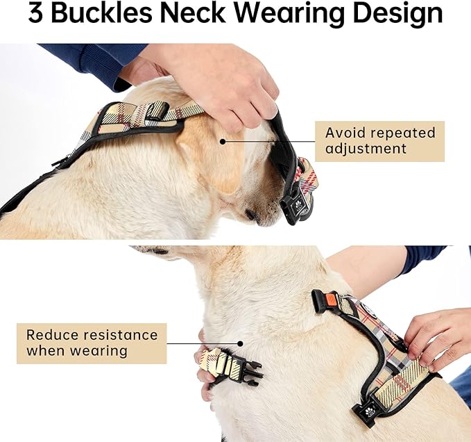 IVY&LANE No Pull Dog Harness with Leash Set, Reflective No Choke Pet Vest,Adjustable Oxford Dog Vest Harness with Easy Control Handle for Medium Lagre Dogs (Checkered Beige,M)