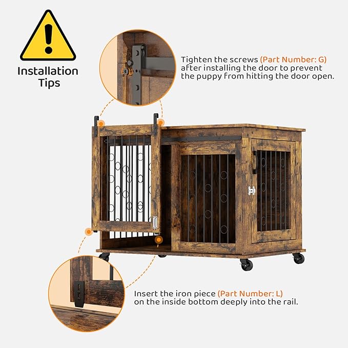 IchbinGo Dog Crate Furniture with Sliding Barn Door, 39" Wooden Dog Kennel End Table with Wheels and Flip-top Plate Dog House with Detachable Divider for Small/Medium/Large Dog (Rustic Brown)
