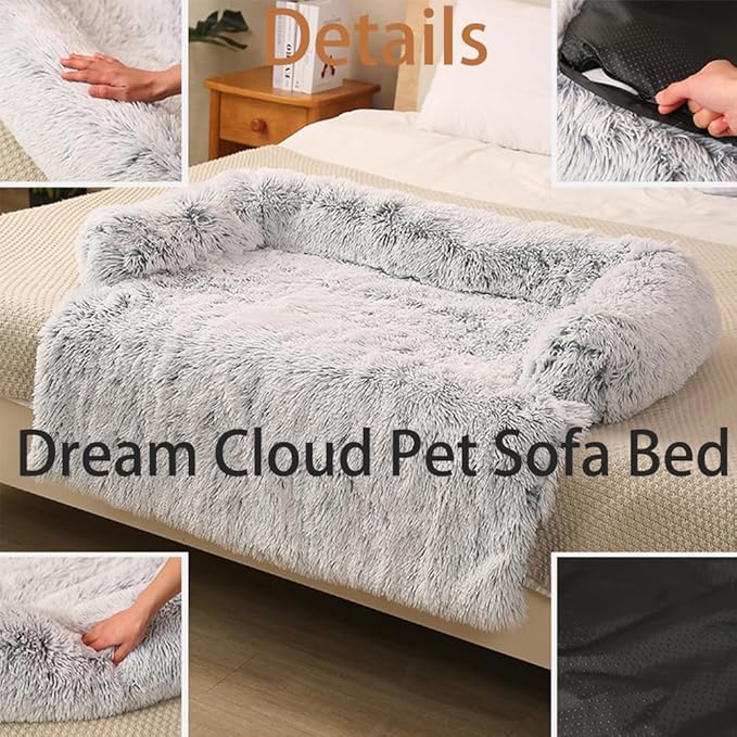 Dream Cloud Pet Sofa Bed for Dogs Cats, 2026 Washable Removable Calming Fluffy Plush Mat for Furniture Protector, Long Fur Non-Slip, for Small/Medium/Large Home Pets (Coffee, S：27.6 * 24in)
