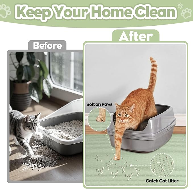 Cat Litter Mat, Extra Large 40" x 28" Silicone Mat Litter Trapping Mat for Scatter Control, Soft on Kitty Paws, Easy to Clean (Green)