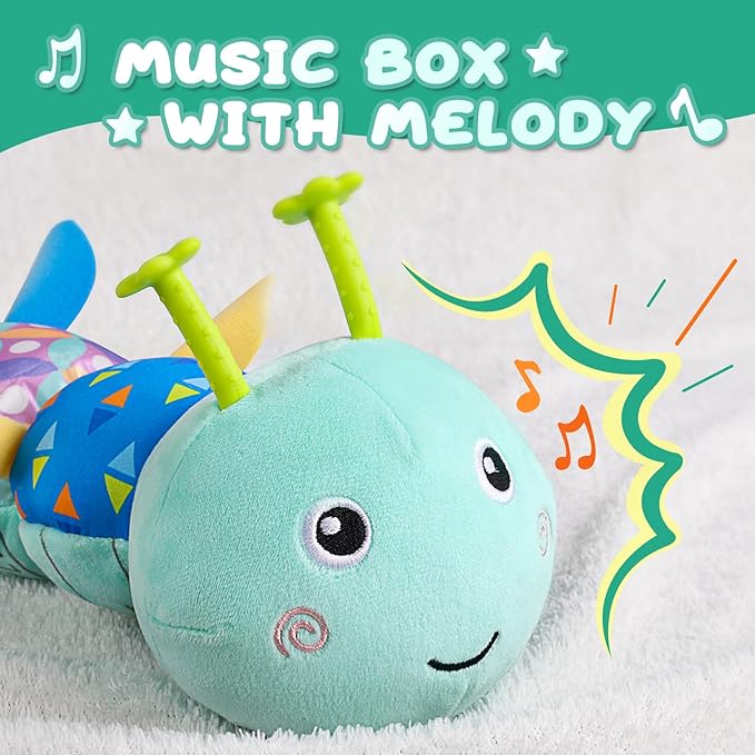 Baby Toys 0 to 12 Months, Musical Stuffed Animal Activity Soft Toy with Multi-Sensory Crinkle, Rattle and Textures, Infant Tummy Time Toys for Newborn Boys Girls, Caterpillar, Blue