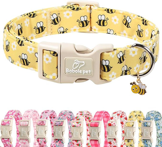 Bee & Daisy Dog Collar for Medium Dogs - Spring/Summer Cartoon Yellow Dog Collars, Lightweight Adjustable Male Female Dogs Collars with Quick Release Buckle M