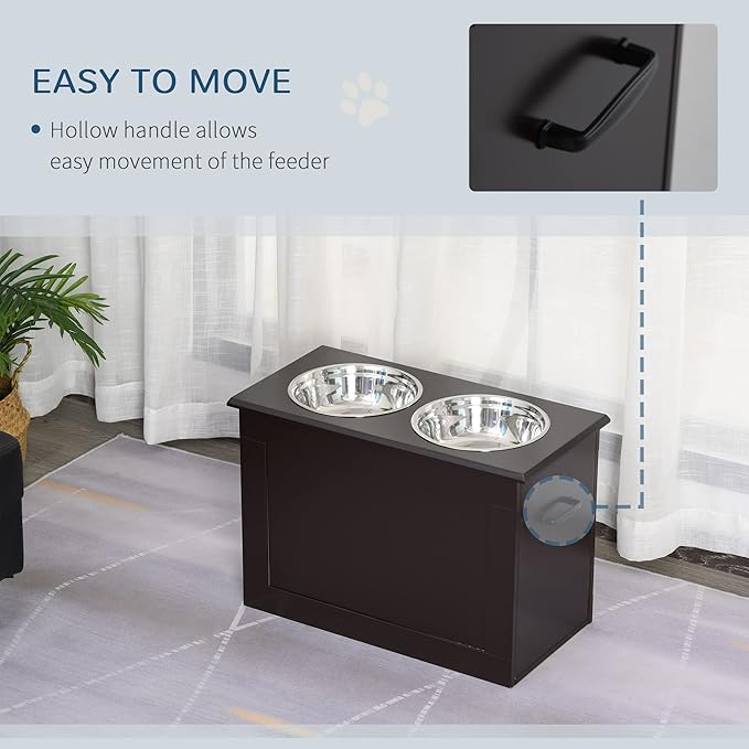 PawHut Raised Pet Feeding Storage Station with 2 Stainless Steel Bowls Base for Large Dogs and Other Large Pets, Coffee