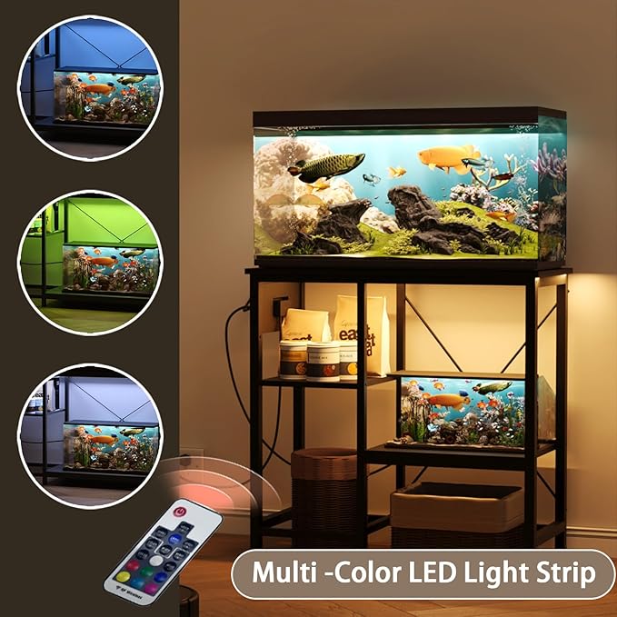 20-29 Gallon Fish Tank Stand with Power Outlet & LED Light, Metal Aquarium Stand with 3 Tier Adjustable Storage Shelves, Tank Stand for Reptile Tank, Turtle Tank, 30.7" L*13.8" W, Black