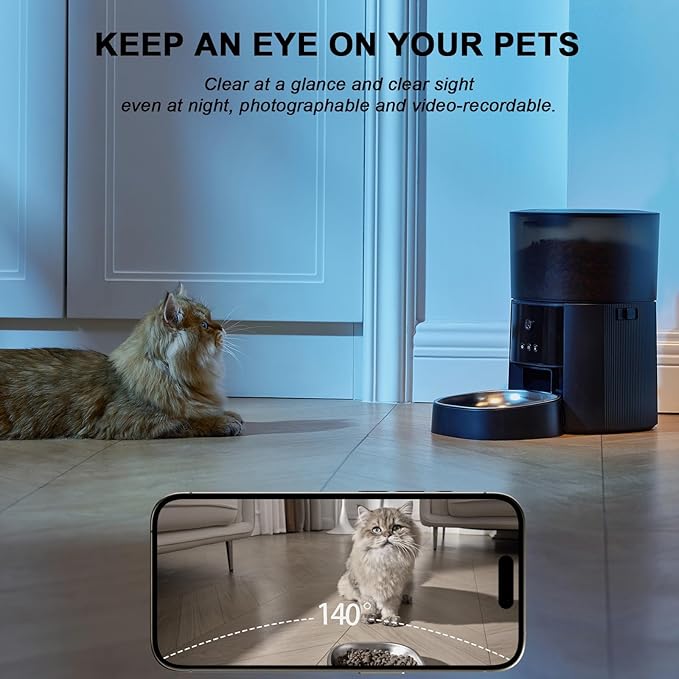 Automatic Cat Feeder with Camera & Voice Interaction, WiFi/App Control, 4L Dry Food Dispenser for Cats & Dogs with Freshness Preservation, Custom Feeding Times & Portions, Dual Power