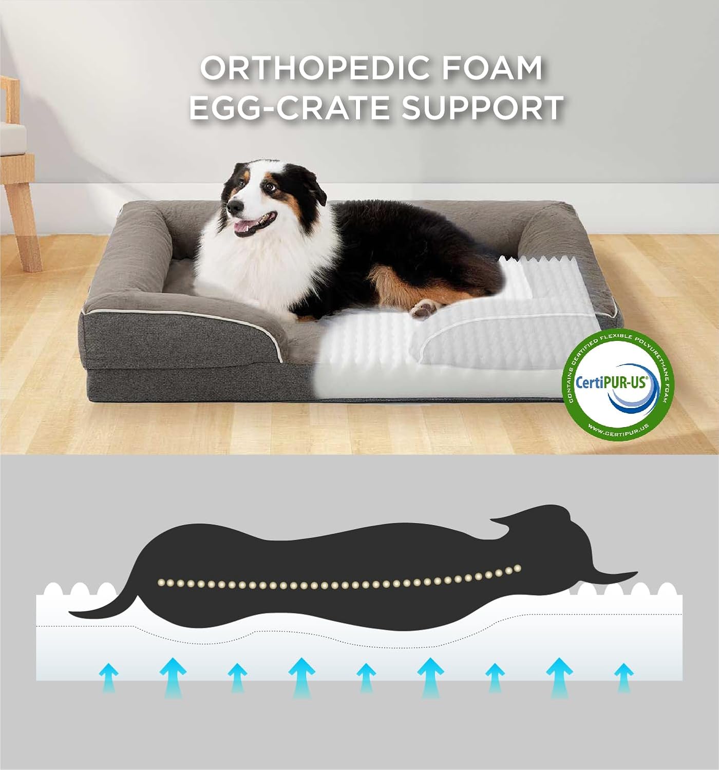 Made4Pets Orthopedic Dog Bed for Extra Large Dogs, Supportive Foam XL Pet Bed Sofa with Washable Removable Cover, Waterproof Large Dog Couch Bed, Non-Slip Bottom and Egg-Crate Foam, Grey