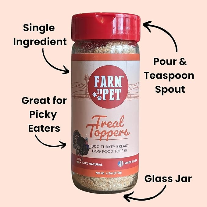 Farm To Pet - Dry Dog Food Topper - 4.7 oz Turkey Meal Toppers for Dogs, Single Ingredient, Lean, All Natural, Healthy Food for Small, Medium, Large Breeds, & Puppies, Made in USA