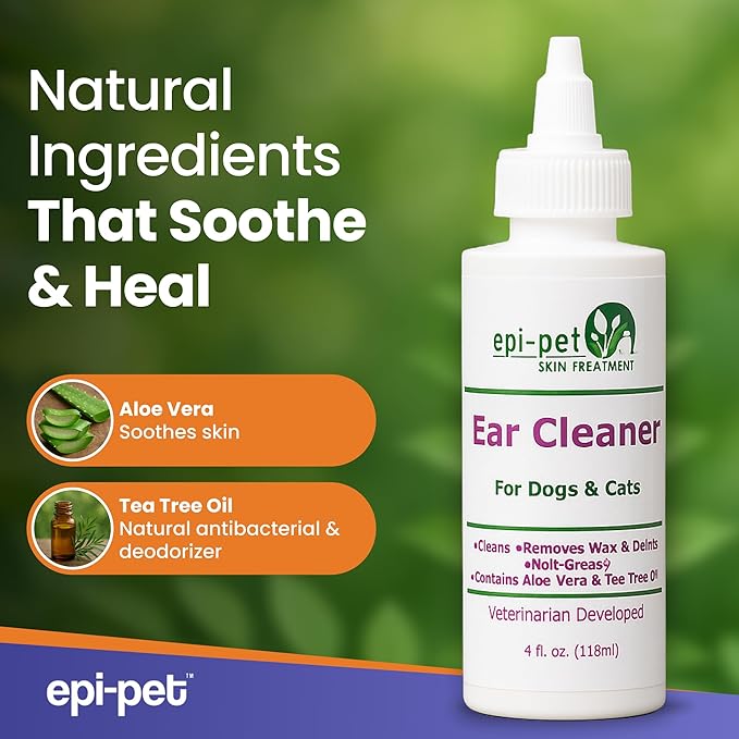 Dog & Cat Ear Cleaner Solution with Aloe Vera & Tea Tree Oil – Removes Itchy Ear Wax, Debris, Odor – Ears Wash, Drops & Flush for Pets, Dog Ears Cleaning, Cat Cleaner (4 oz- Pack of 2)