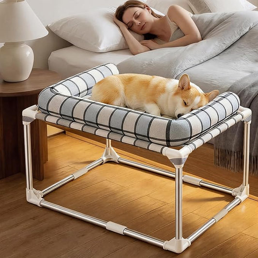 Bedside Cosleeper Dog Cat Bed - Height Elevated Dog Bed with Bloster Extension Attached to Human Bed Dog Cat Window Perch Bedside Lounge Elevated Dog Bed with Pillow (34 x 26 x 20 Inch)