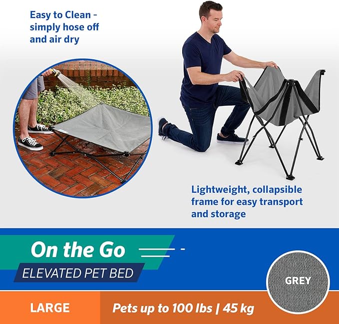 Coolaroo On-The-Go Elevated Dog Bed - Foldable Pop-Up Travel Dog Bed with Breathable, Moisture-Resistant Fabric, Carry Bag Included, Lightweight & Portable, Steel Gray, Large