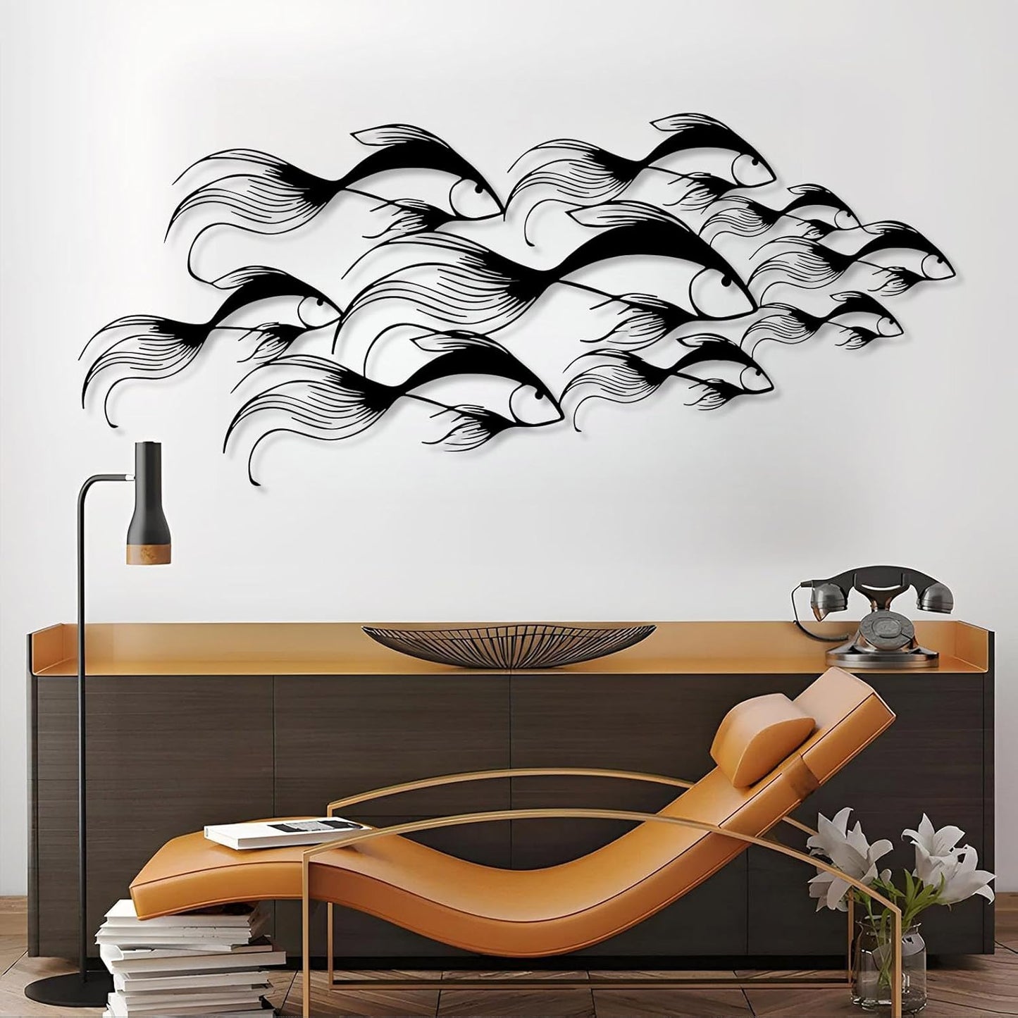 School of Fish Metal Wall Art, Metal Fish Wall Decor, Sea Life Wall Art, Large Nautical Wall Hanging, Modern Beach House Wall Decor, Ocean Themed Artwork for Bathroom (Black, 48"x20" | 121x51cm)